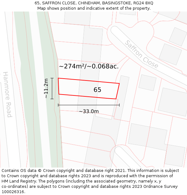 65, SAFFRON CLOSE, CHINEHAM, BASINGSTOKE, RG24 8XQ: Plot and title map