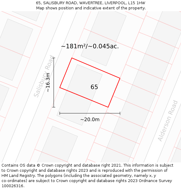 65, SALISBURY ROAD, WAVERTREE, LIVERPOOL, L15 1HW: Plot and title map