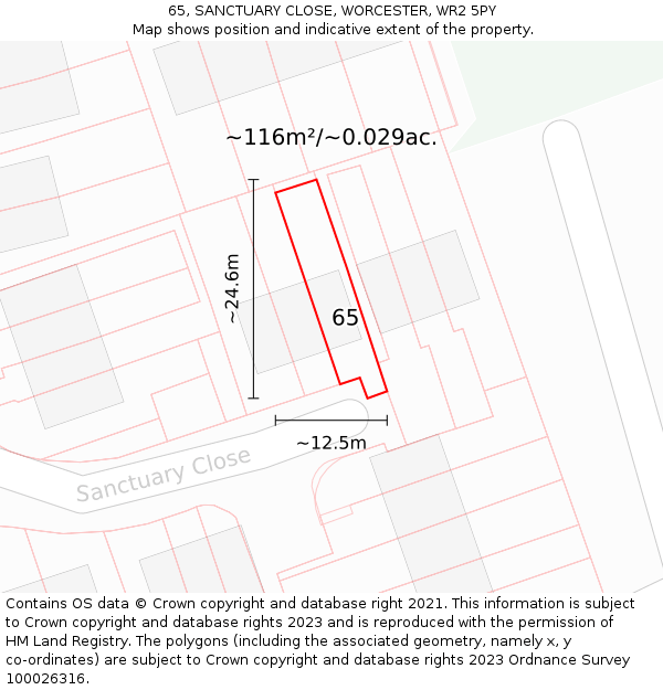 65, SANCTUARY CLOSE, WORCESTER, WR2 5PY: Plot and title map