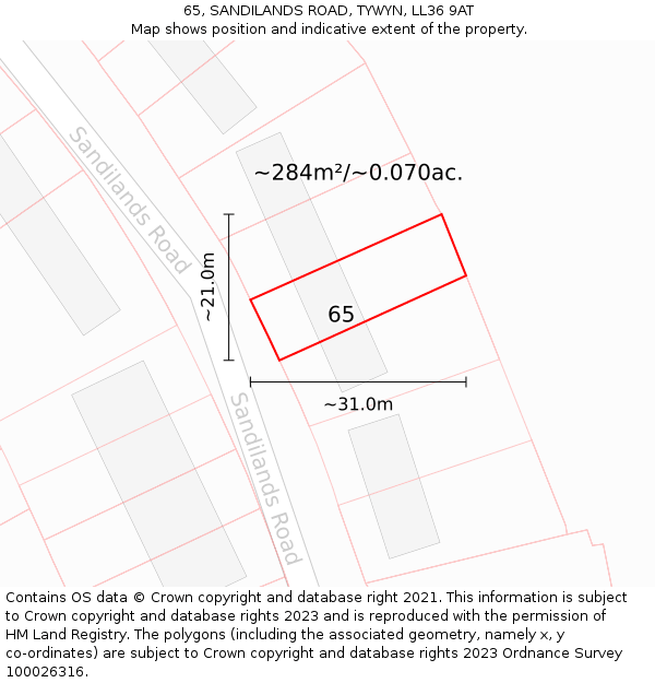 65, SANDILANDS ROAD, TYWYN, LL36 9AT: Plot and title map