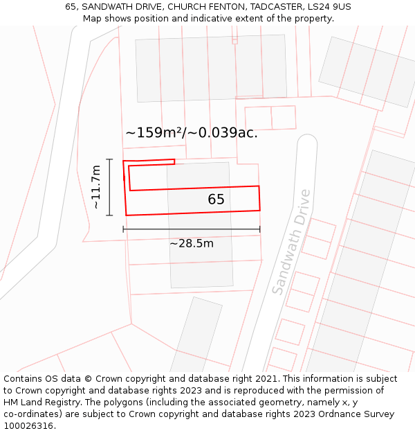 65, SANDWATH DRIVE, CHURCH FENTON, TADCASTER, LS24 9US: Plot and title map