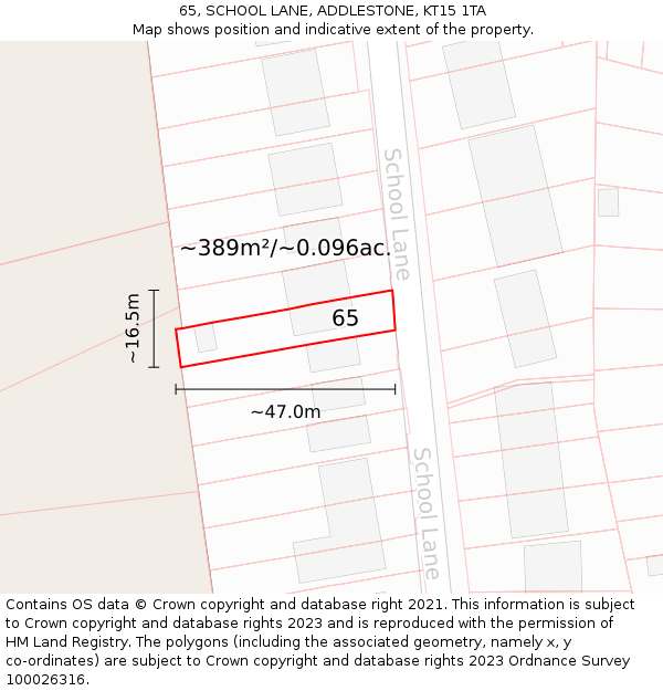 65, SCHOOL LANE, ADDLESTONE, KT15 1TA: Plot and title map