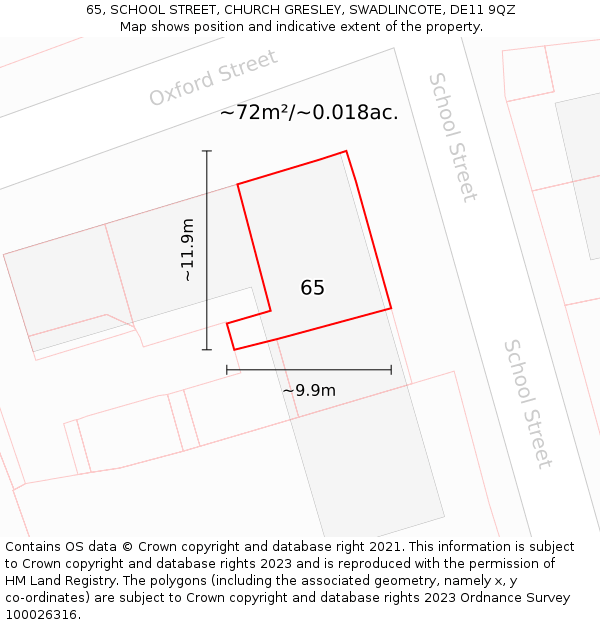 65, SCHOOL STREET, CHURCH GRESLEY, SWADLINCOTE, DE11 9QZ: Plot and title map