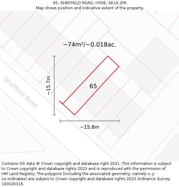 65, SHEFFIELD ROAD, HYDE, SK14 2PR: Plot and title map