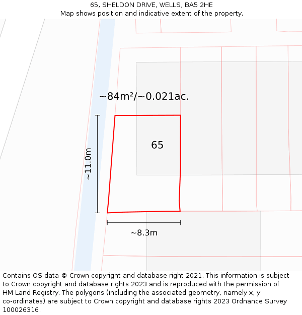 65, SHELDON DRIVE, WELLS, BA5 2HE: Plot and title map