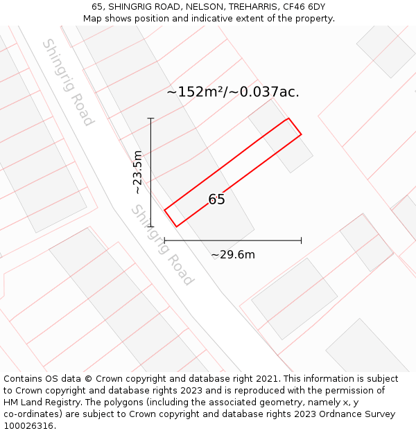 65, SHINGRIG ROAD, NELSON, TREHARRIS, CF46 6DY: Plot and title map