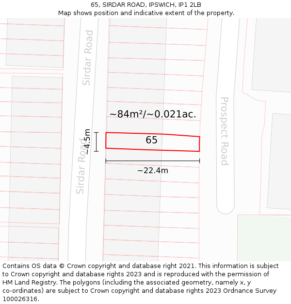 65, SIRDAR ROAD, IPSWICH, IP1 2LB: Plot and title map