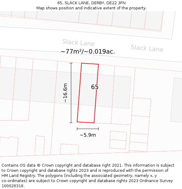65, SLACK LANE, DERBY, DE22 3FN: Plot and title map