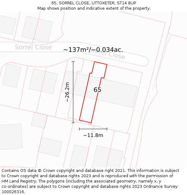 65, SORREL CLOSE, UTTOXETER, ST14 8UP: Plot and title map
