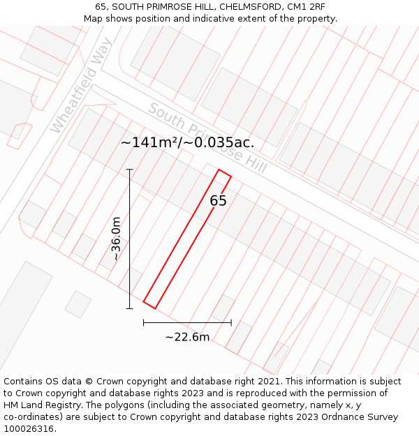 65, SOUTH PRIMROSE HILL, CHELMSFORD, CM1 2RF: Plot and title map