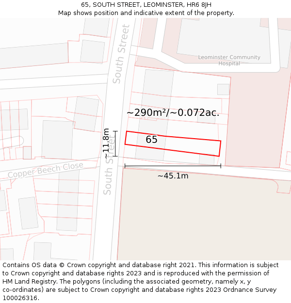 65, SOUTH STREET, LEOMINSTER, HR6 8JH: Plot and title map