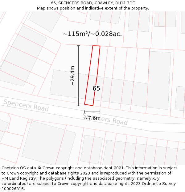 65, SPENCERS ROAD, CRAWLEY, RH11 7DE: Plot and title map