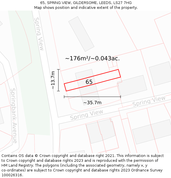 65, SPRING VIEW, GILDERSOME, LEEDS, LS27 7HG: Plot and title map