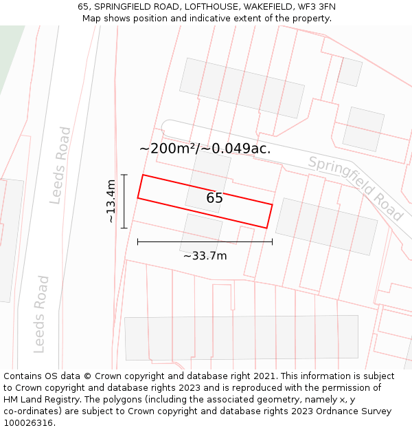 65, SPRINGFIELD ROAD, LOFTHOUSE, WAKEFIELD, WF3 3FN: Plot and title map