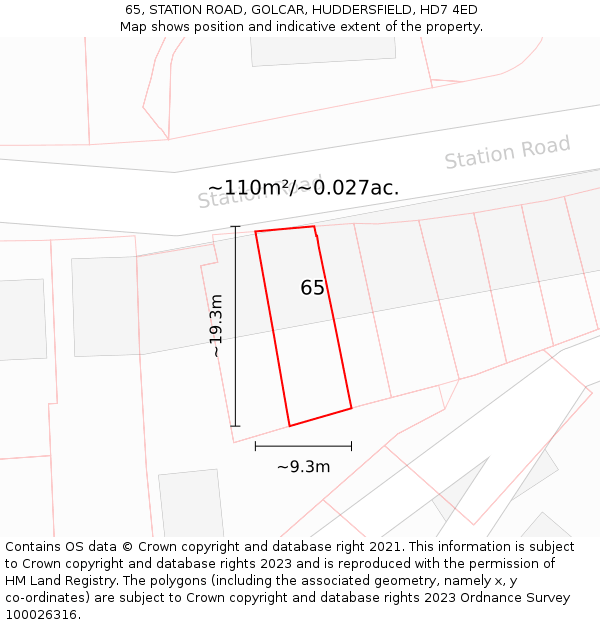 65, STATION ROAD, GOLCAR, HUDDERSFIELD, HD7 4ED: Plot and title map