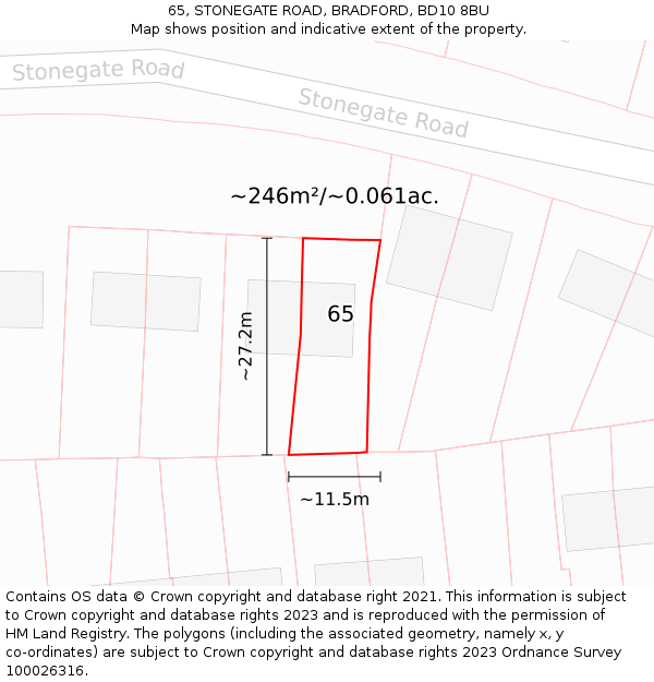 65, STONEGATE ROAD, BRADFORD, BD10 8BU: Plot and title map