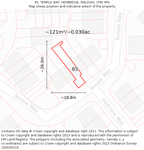 65, TEMPLE WAY, HEYBRIDGE, MALDON, CM9 4PX: Plot and title map