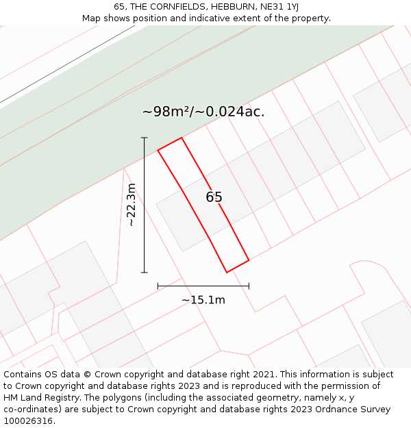 65, THE CORNFIELDS, HEBBURN, NE31 1YJ: Plot and title map