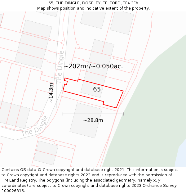 65, THE DINGLE, DOSELEY, TELFORD, TF4 3FA: Plot and title map