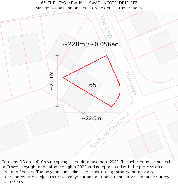65, THE LEYS, NEWHALL, SWADLINCOTE, DE11 0TZ: Plot and title map