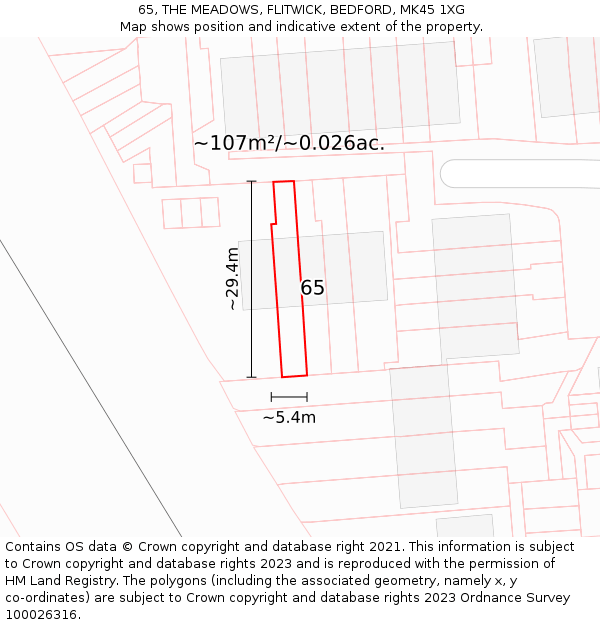 65, THE MEADOWS, FLITWICK, BEDFORD, MK45 1XG: Plot and title map