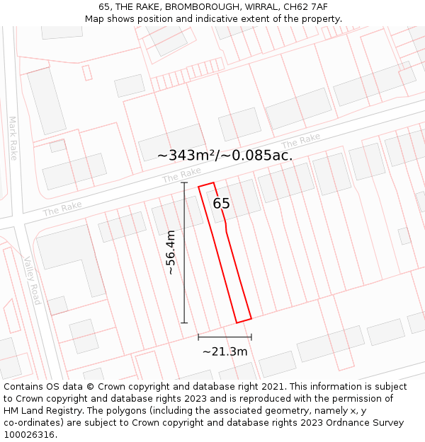 65, THE RAKE, BROMBOROUGH, WIRRAL, CH62 7AF: Plot and title map