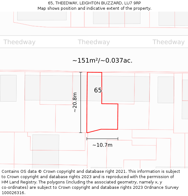 65, THEEDWAY, LEIGHTON BUZZARD, LU7 9RP: Plot and title map