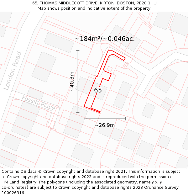 65, THOMAS MIDDLECOTT DRIVE, KIRTON, BOSTON, PE20 1HU: Plot and title map