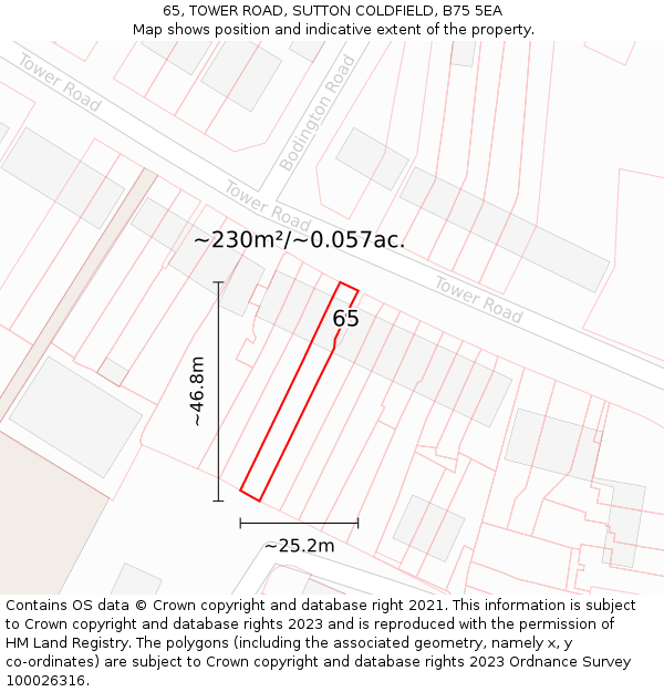 65, TOWER ROAD, SUTTON COLDFIELD, B75 5EA: Plot and title map