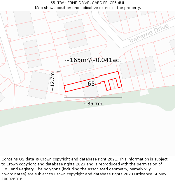 65, TRAHERNE DRIVE, CARDIFF, CF5 4UL: Plot and title map