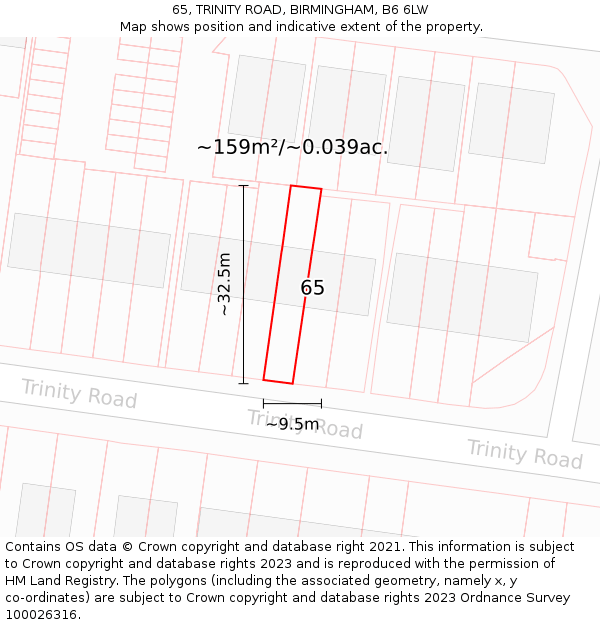 65, TRINITY ROAD, BIRMINGHAM, B6 6LW: Plot and title map