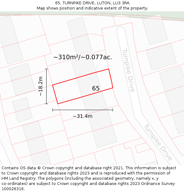 65, TURNPIKE DRIVE, LUTON, LU3 3RA: Plot and title map