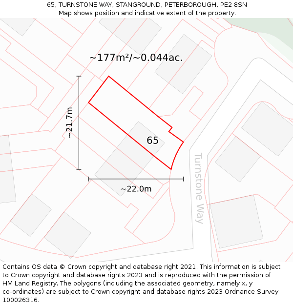 65, TURNSTONE WAY, STANGROUND, PETERBOROUGH, PE2 8SN: Plot and title map