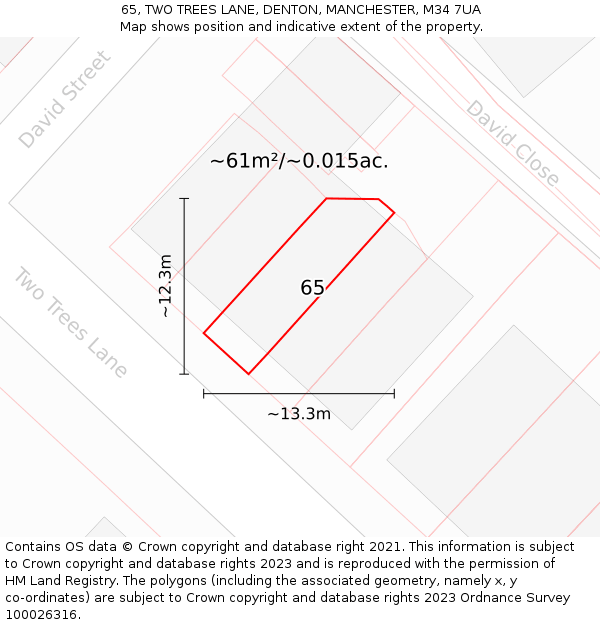 65, TWO TREES LANE, DENTON, MANCHESTER, M34 7UA: Plot and title map
