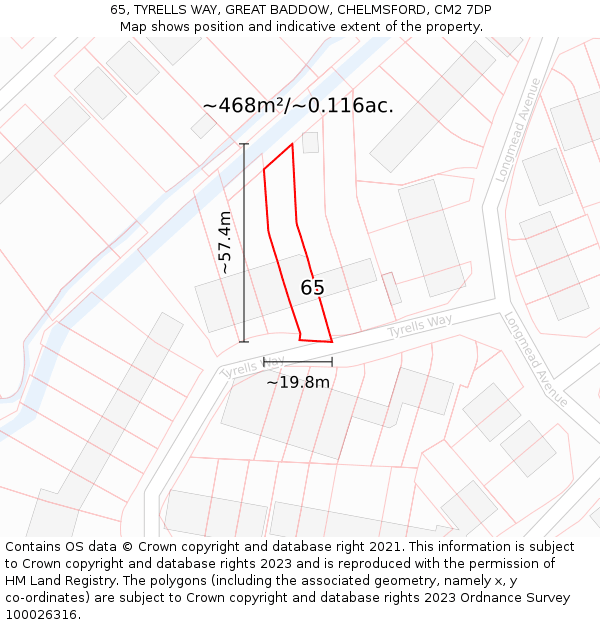 65, TYRELLS WAY, GREAT BADDOW, CHELMSFORD, CM2 7DP: Plot and title map