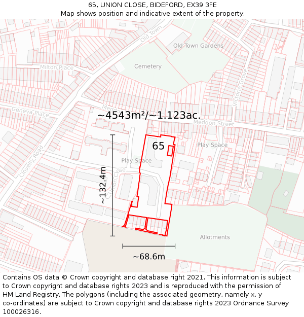65, UNION CLOSE, BIDEFORD, EX39 3FE: Plot and title map