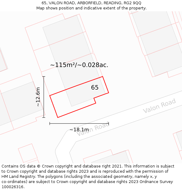65, VALON ROAD, ARBORFIELD, READING, RG2 9QQ: Plot and title map