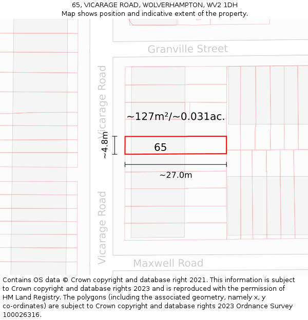 65, VICARAGE ROAD, WOLVERHAMPTON, WV2 1DH: Plot and title map