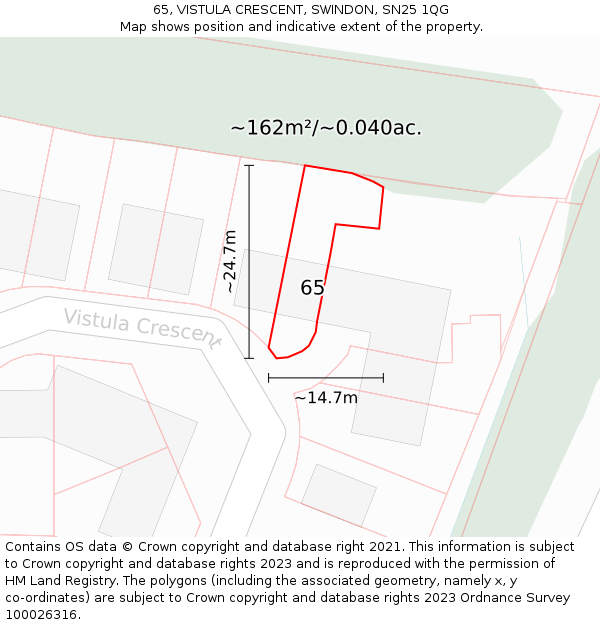 65, VISTULA CRESCENT, SWINDON, SN25 1QG: Plot and title map