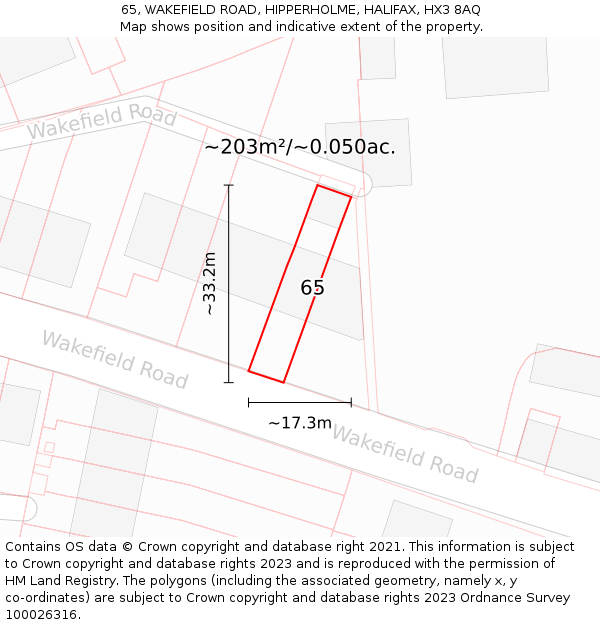 65, WAKEFIELD ROAD, HIPPERHOLME, HALIFAX, HX3 8AQ: Plot and title map