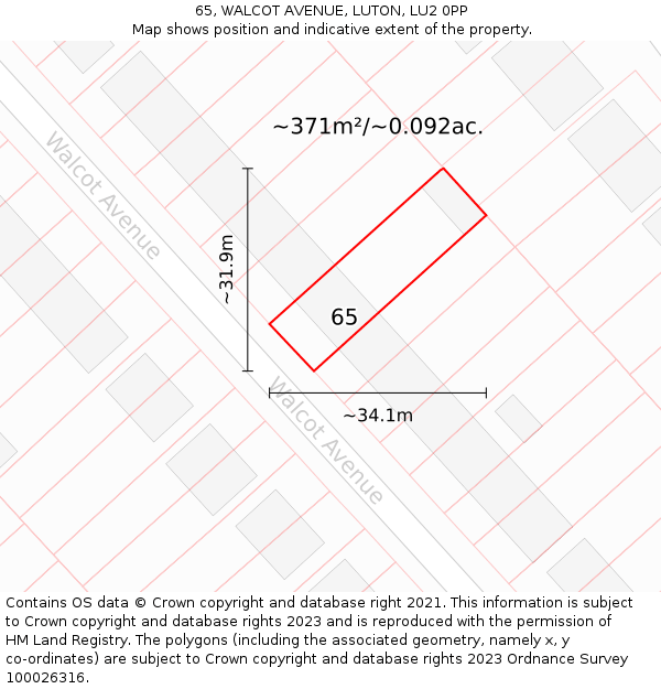 65, WALCOT AVENUE, LUTON, LU2 0PP: Plot and title map