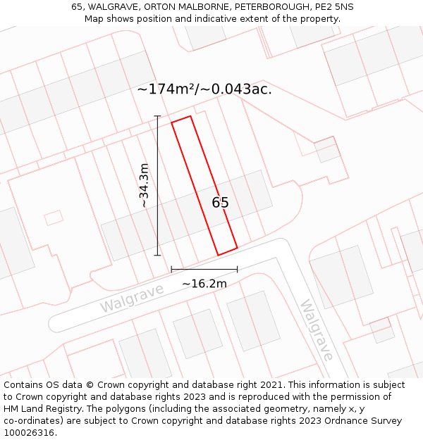 65, WALGRAVE, ORTON MALBORNE, PETERBOROUGH, PE2 5NS: Plot and title map