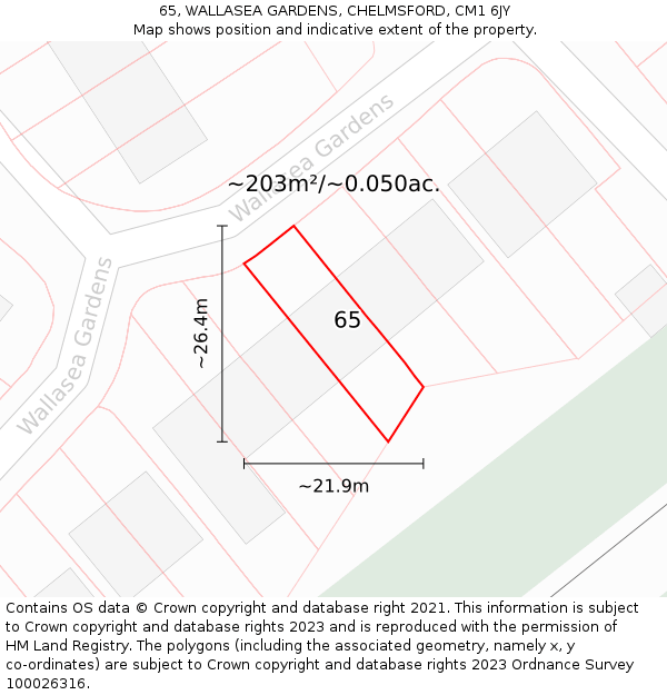 65, WALLASEA GARDENS, CHELMSFORD, CM1 6JY: Plot and title map