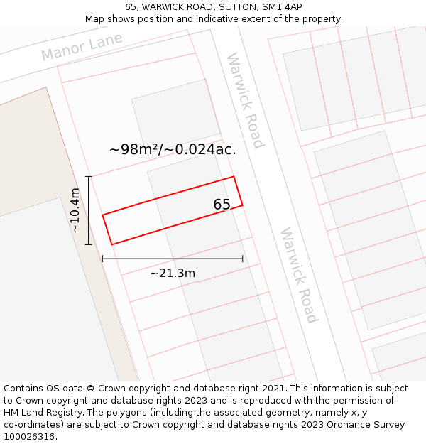 65, WARWICK ROAD, SUTTON, SM1 4AP: Plot and title map