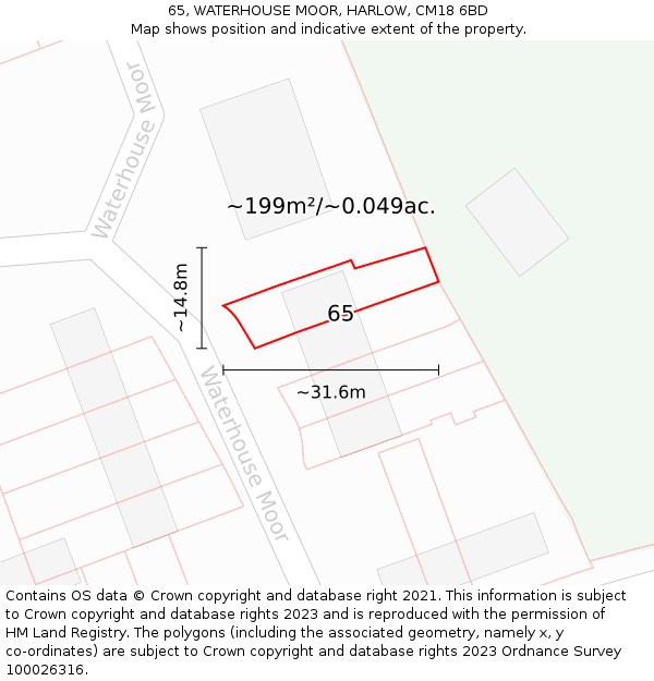 65, WATERHOUSE MOOR, HARLOW, CM18 6BD: Plot and title map