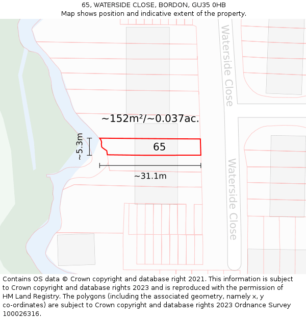65, WATERSIDE CLOSE, BORDON, GU35 0HB: Plot and title map
