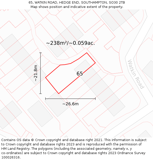 65, WATKIN ROAD, HEDGE END, SOUTHAMPTON, SO30 2TB: Plot and title map