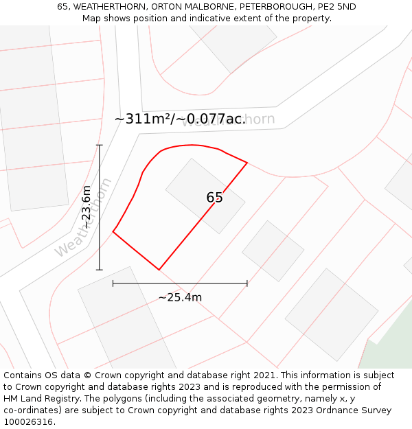 65, WEATHERTHORN, ORTON MALBORNE, PETERBOROUGH, PE2 5ND: Plot and title map