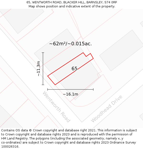 65, WENTWORTH ROAD, BLACKER HILL, BARNSLEY, S74 0RP: Plot and title map