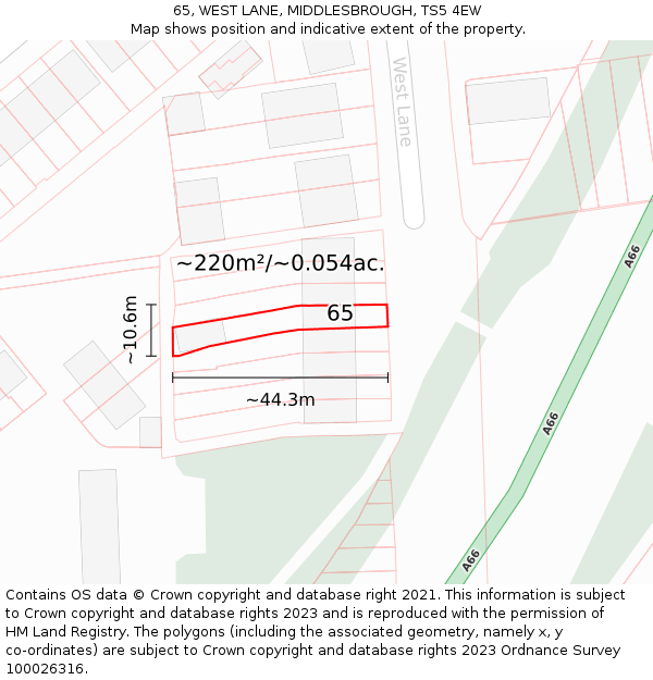65, WEST LANE, MIDDLESBROUGH, TS5 4EW: Plot and title map